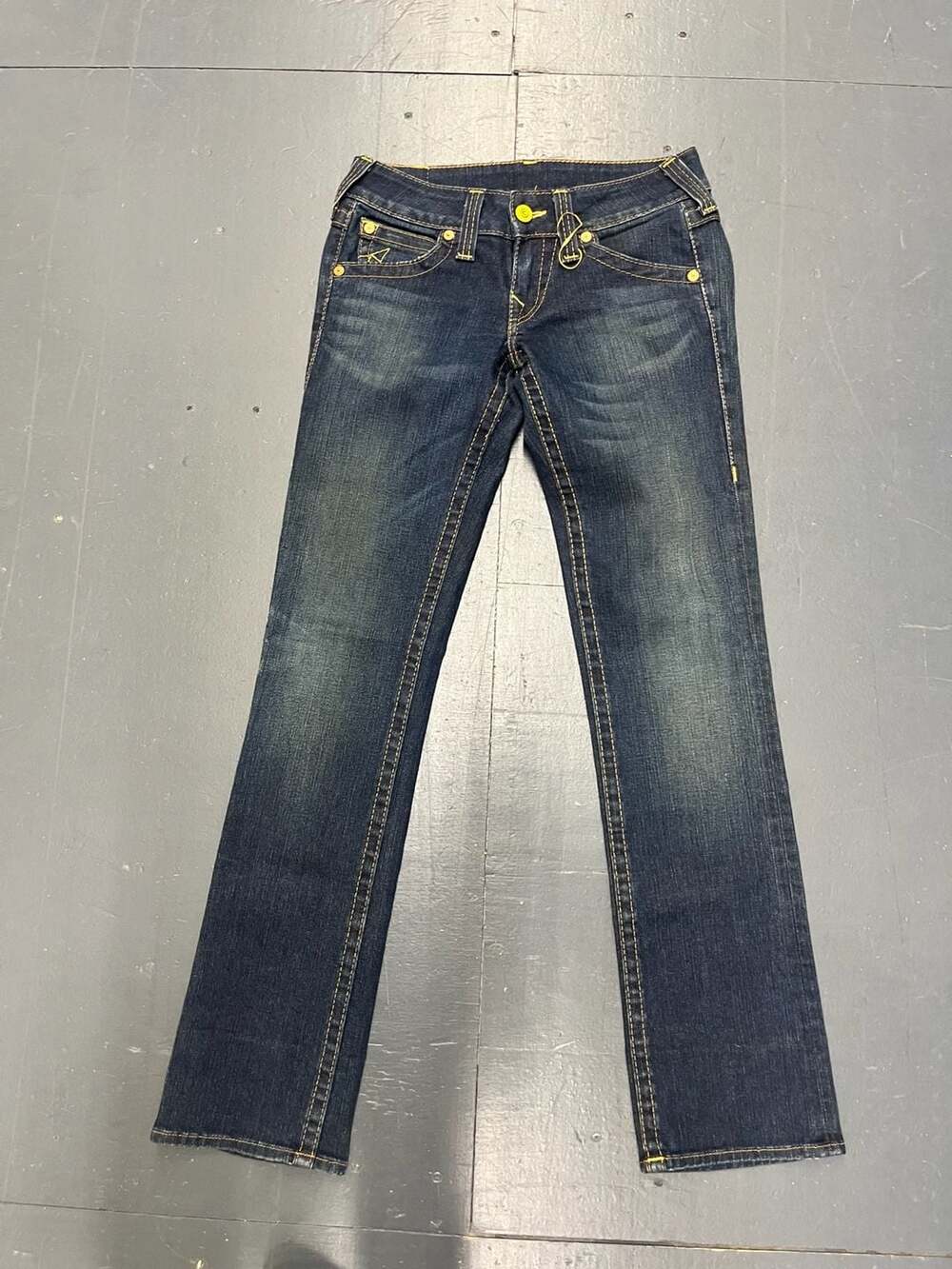 True Religion Women's Dark Wash Flare Jeans with Yellow Stitching, Size 28 - Picture 2 of 11